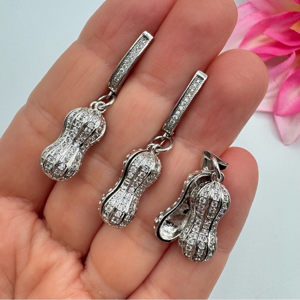 Peanut Earrings And Matching Peanut Pendant Silver Tone Stamped 925 Rhinestones - Picture 9 of 14